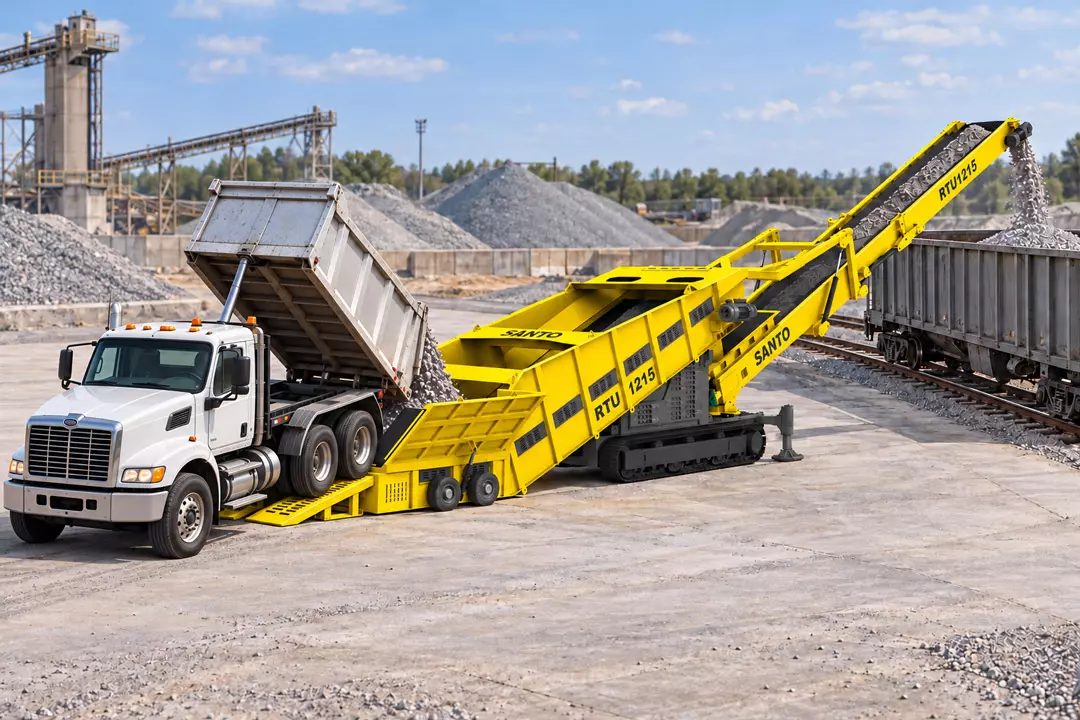 Truck reversing onto SANTO RTU1215 radial truck unloader for direct railcar loading